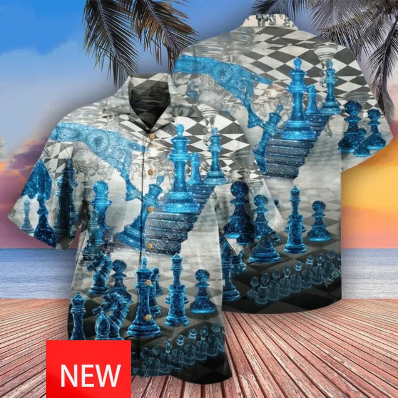 All Over Print Men's Chess Game Hawaiian Shirts Summer Short Sleeve Button Up Chess Board Beach Shirts Blouse Streetwear