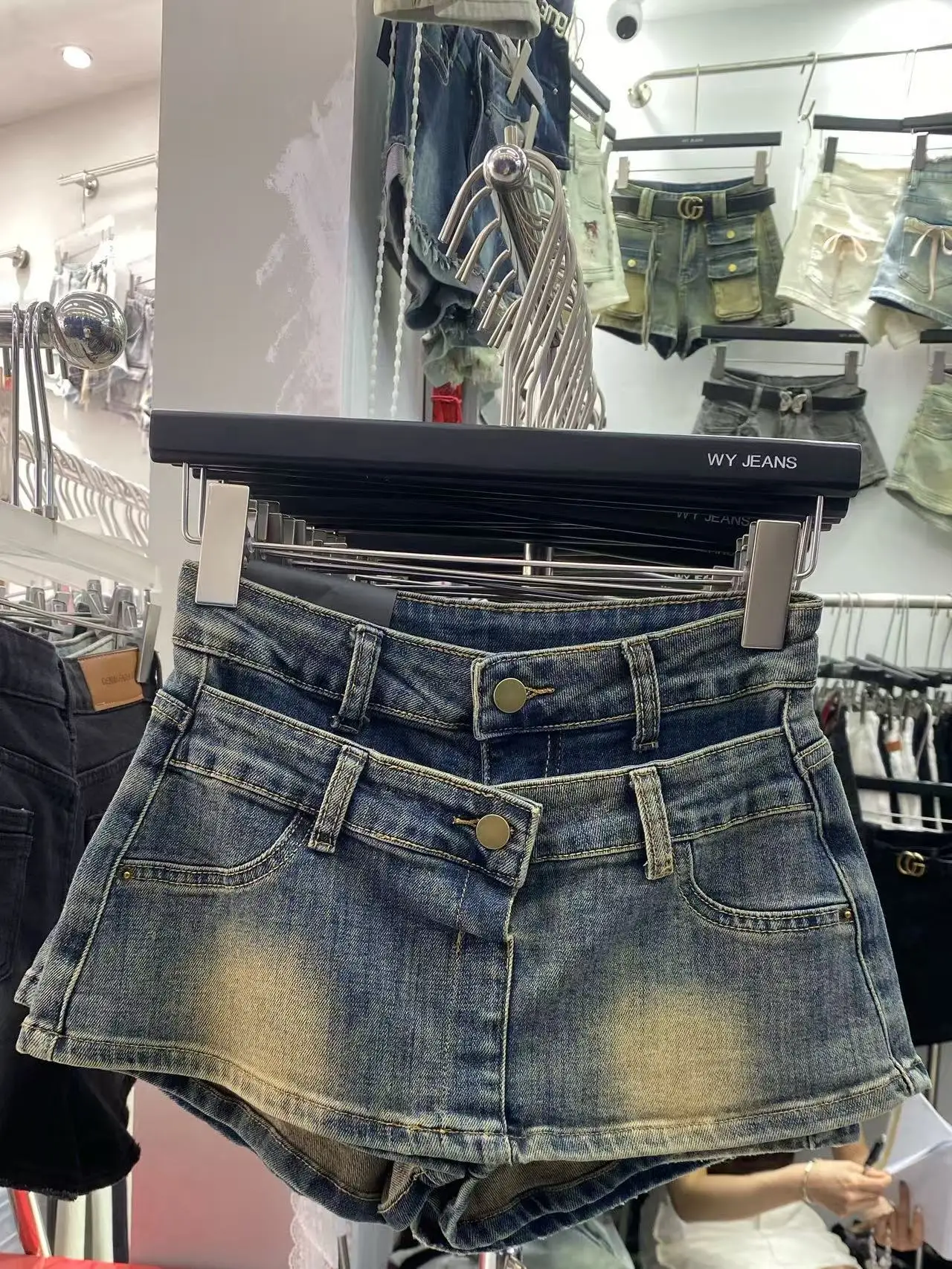 

Летняя джинсовая юбка-трапеция с высокой талией, имитация двух частей, в стиле пэчворк, винтажный дизайн, корейский стиль, для повседневной носки