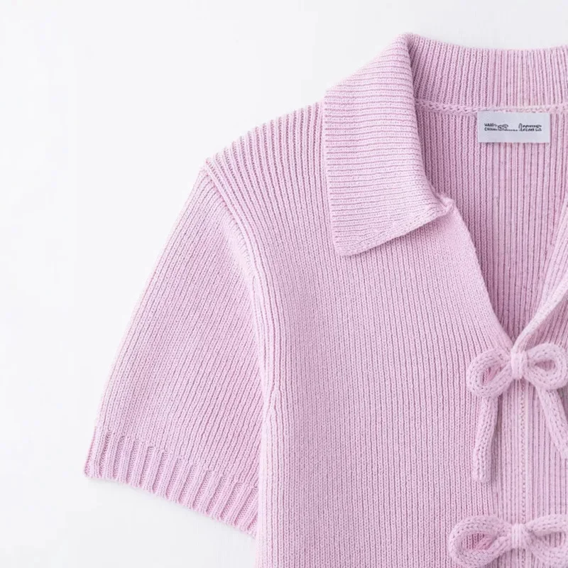 Cute Knitted Tops Bow-lace-up Lapel Tops Fashion Turn Down Collar Hollow Cardigan Knitwear New Summer Holidays Sweet Casual Tops