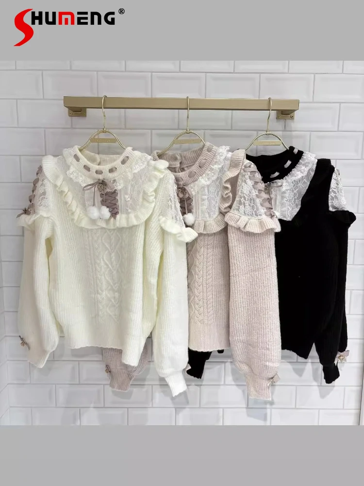 

Japanese Sweet Versatile Liz Knitted Top Round Neck Bow Off-Shoulder Long Sleeve Lace Spliced Pullovers Sweater for Women Autumn