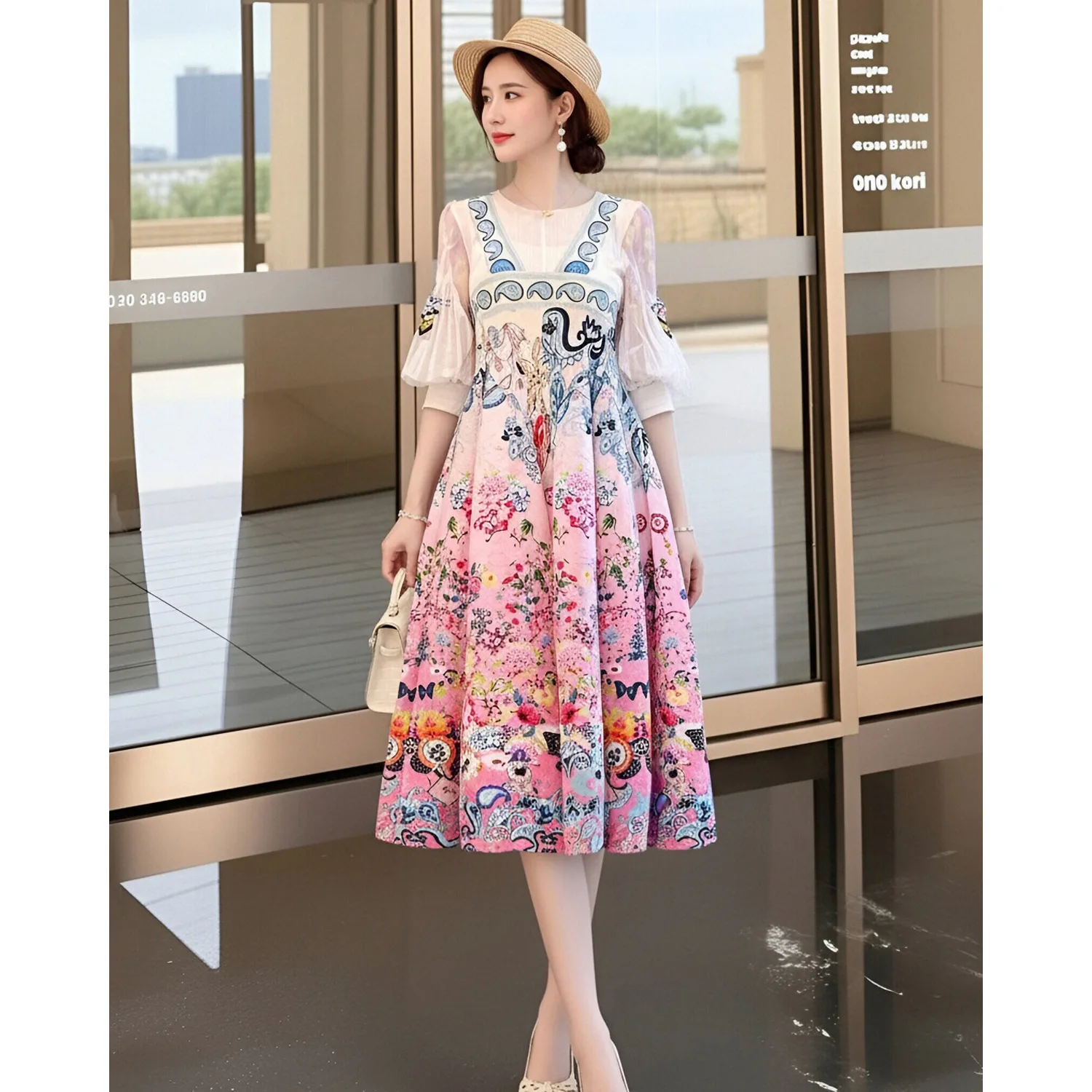 

Miyake Pleated Butterfly Floral Print Women's Dress O-Neck Puff Sleeve Hem Flowy A-line Casual Dresses 2026 Spring New 2DB7116