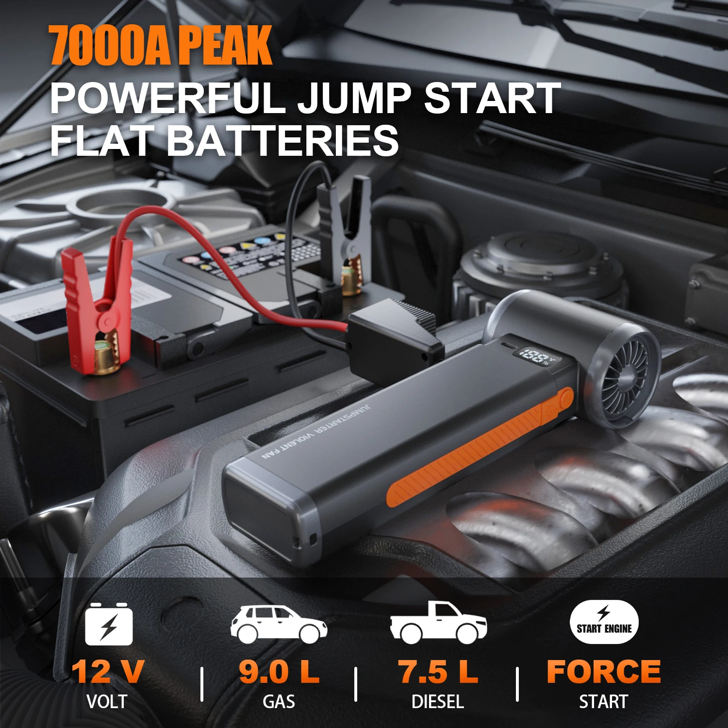 Portable Car Battery Jump Starter 7000A Jumper Box Combo Compressed Air Duster & Vacuum Cleaner Function, 12V Battery Charger Bo