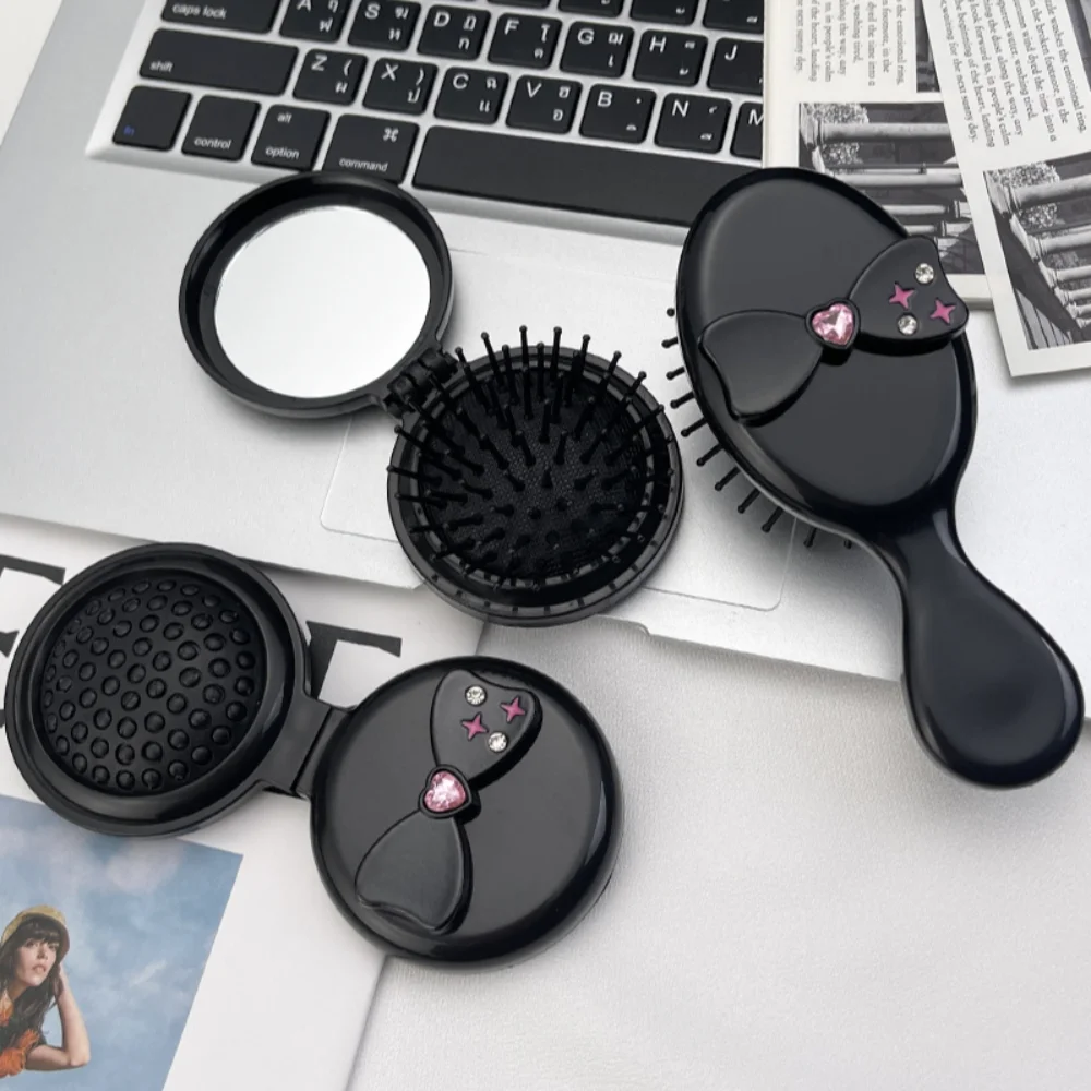 Y2k Black Bow 2 in 1 Comb Mirror Set Pocket Mirror Mini Air Bag Hair Comb Girl Heart Makeup Mirror Foldable Hair Brush