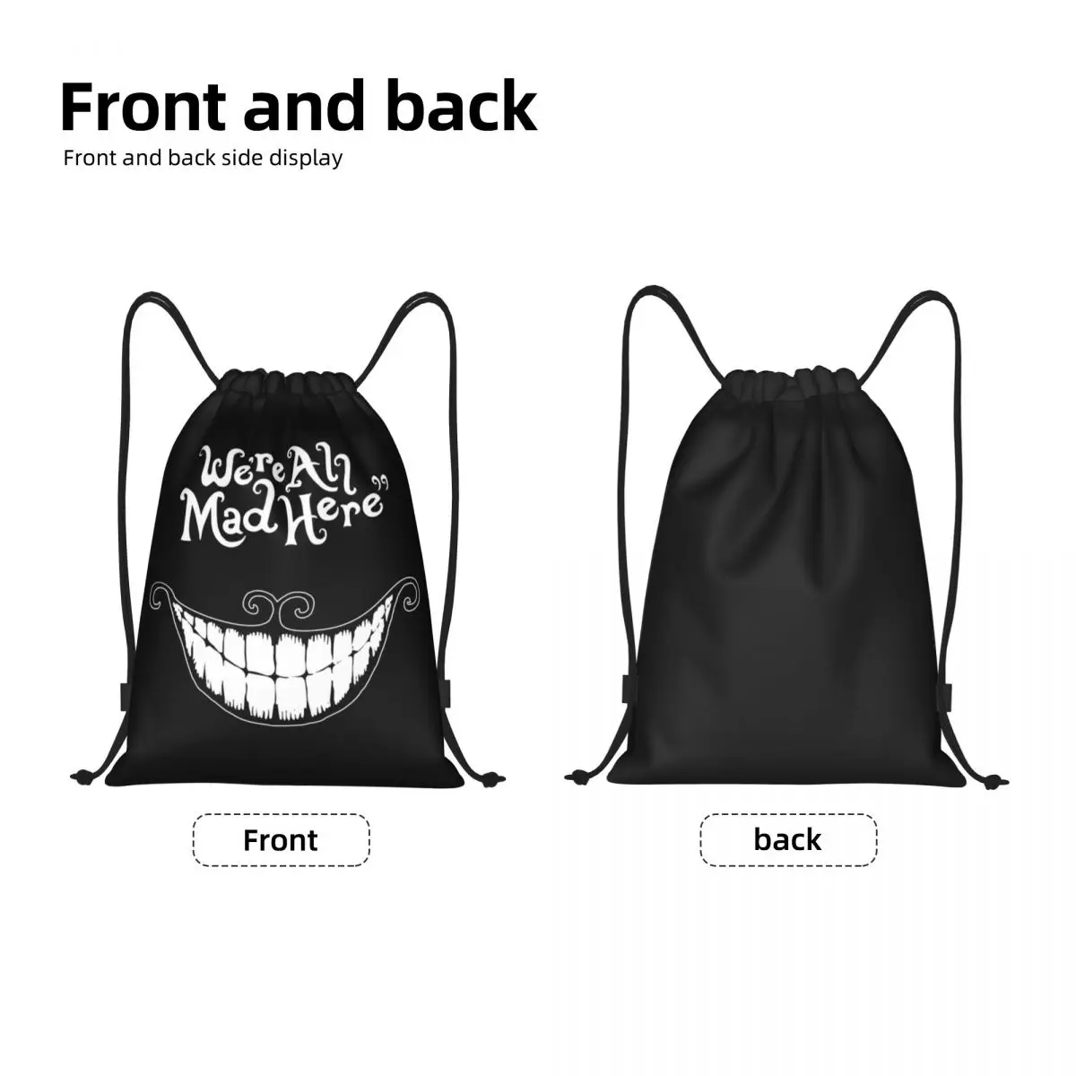 Custom We Are All Mad Here Drawstring Bags for Training Yoga Backpacks Women Men Cheshire Cat Animal Sports Gym Sackpack