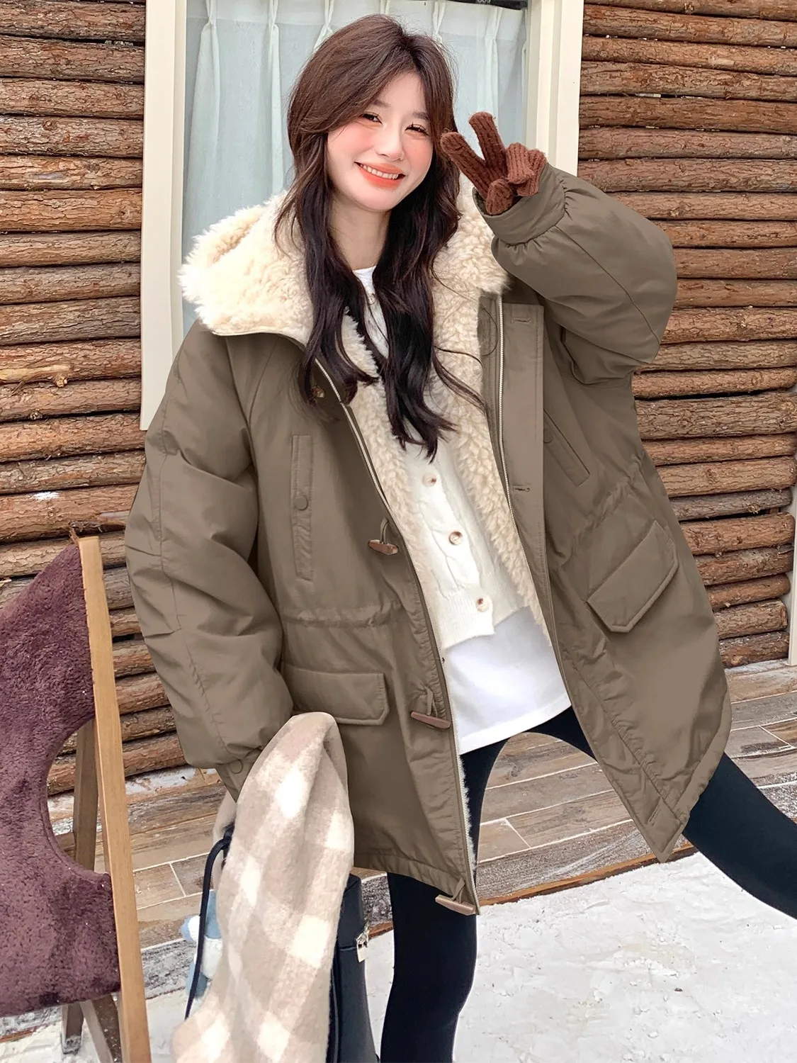 Off White Pie overwint dames 2025, herfst en winter, nieuwe stijl, Koreaanse collegestijl, capuchon, warm en pluche, anti-lamhair katoen