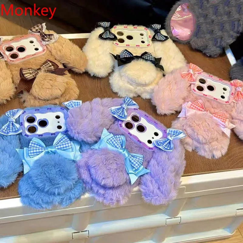 

3D Bunny Ears Fur Grid Pattern Bow Lens Bracket Phone Cases For iPhone Air 17 16 Plus 15 14 13 Soft Silicone Winter Fluffy Shell