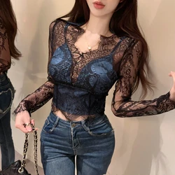 Sexy Perspective Short Lace Shirt Spring Summer New Long Sleeve V Neck Slim Patchwork Y2K Tops Temperament Fashion Women Clothes