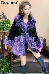 Polo Collar Long Sleeve Faux Fox Fur Sequined Fur Coat Women 2022 Winter Clothes Temperament Slimming Purple Leather Fur Jacket