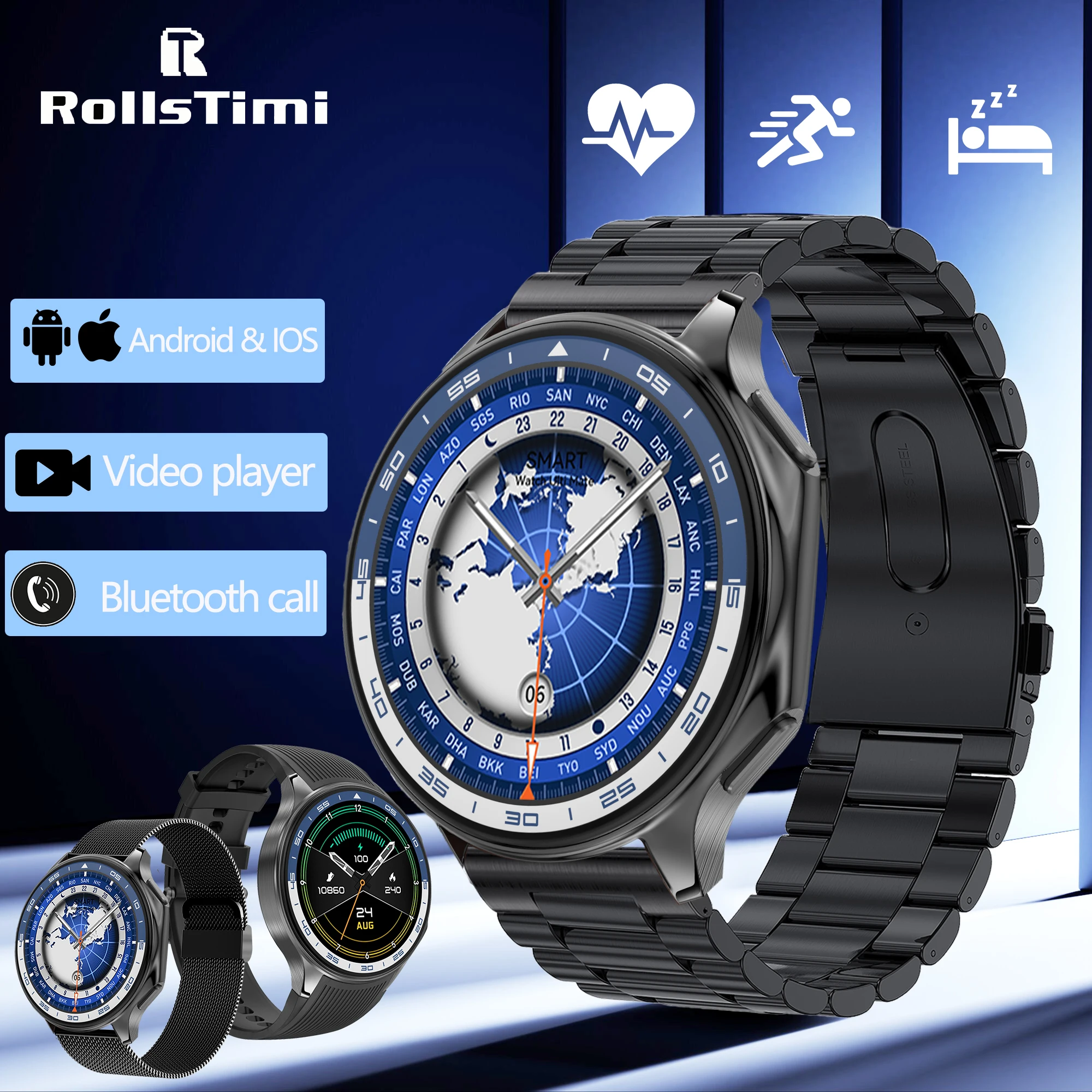 

ROLLSTIMI Модные умные часы для мужчин и женщин, 1,43 дюйма, AMOLED, Android, iOS, мониторинг сердечного ритма, Bluetooth, голосовой помощник, спортивные часы