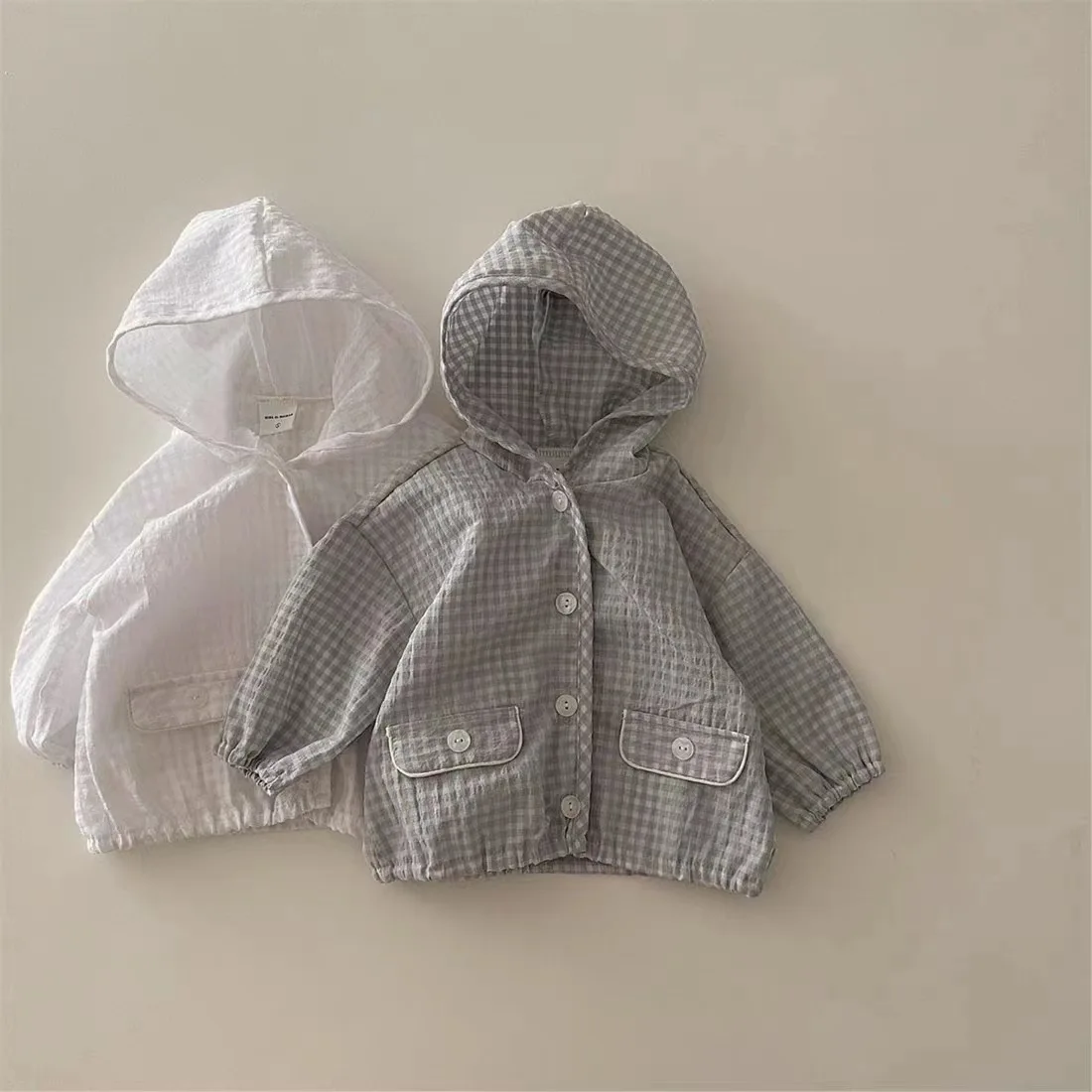 

Spring and Autumn Boys and Girls Checkered Hooded Sun Protection Air Conditioning Cardigan Coat Summer Thin Style