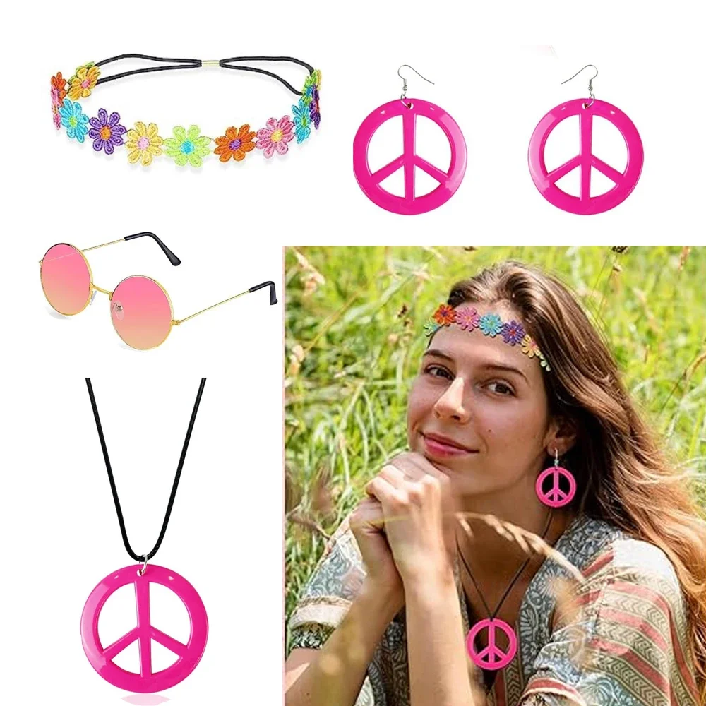 Pesenar Costume Set Includes Peace Sign Necklace and Earrings, Flower Crown Headband and Hippie Sunglasses 70s Accessories