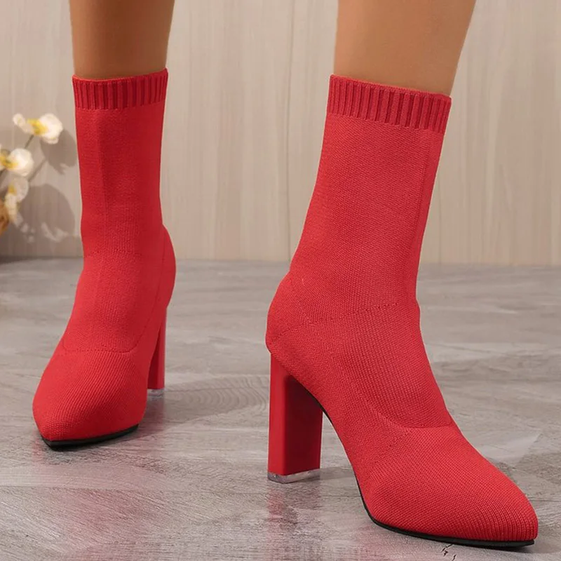 

SyfIyno New Wine Red Black Womens Boots Pointed Toe Shoes Elasticity Knitting Short Spring Autumn Shoes Elegant High Heels Shoes