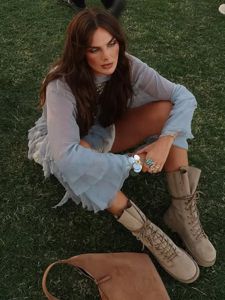 أطقم تنورة طويلة مثيرة مكشكشة للسيدات شفافة من خلال الياقة المدورة وأكمام مضيئة قطع علوية قصيرة بطيات على شكل حرف a تنانير صيف 2025 للسيدات