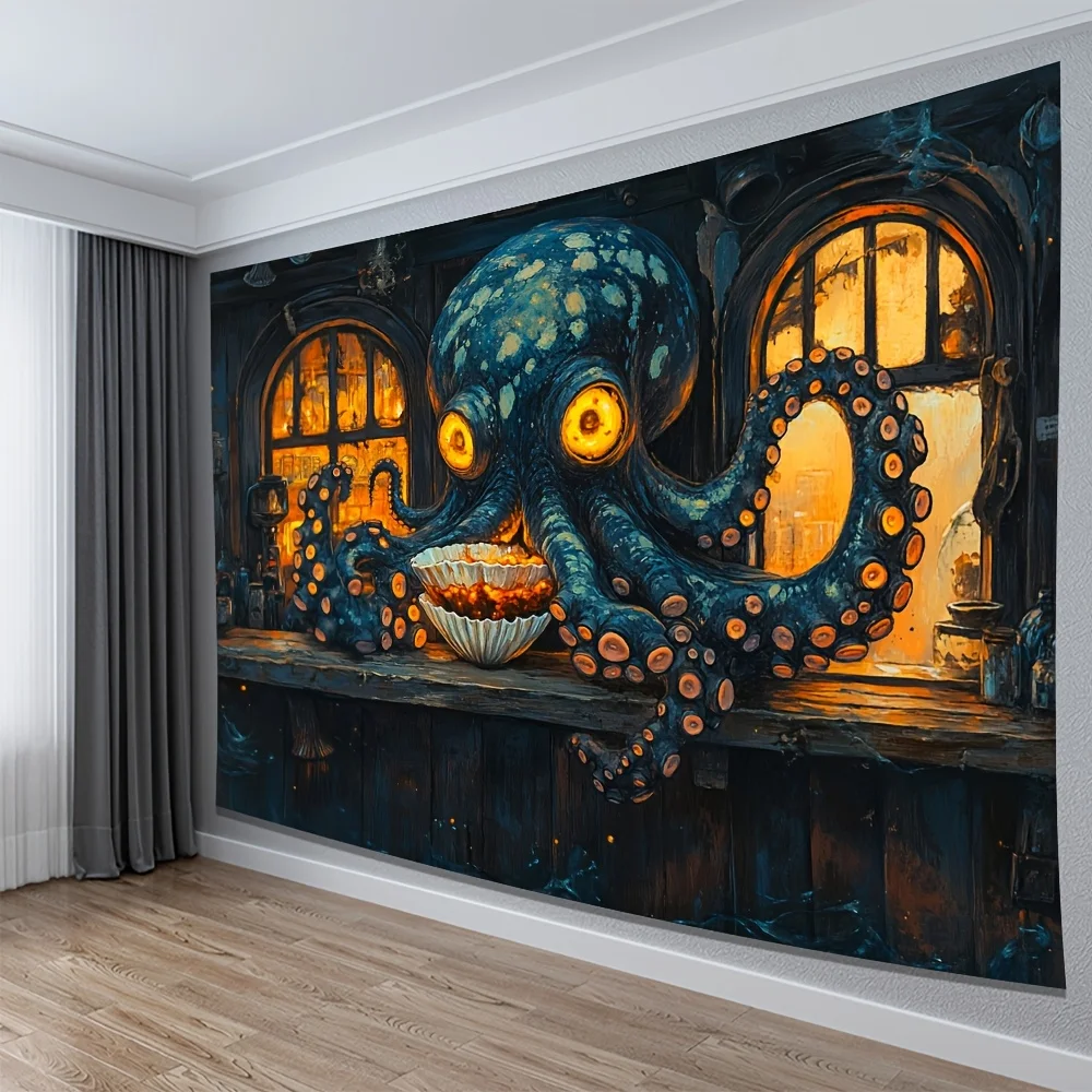 Mysterious Octopus Tapestry Gothic Fantasy Deep Sea Ocean Nautical Wall Art Hanging Decor Dark Academia Mythology Print