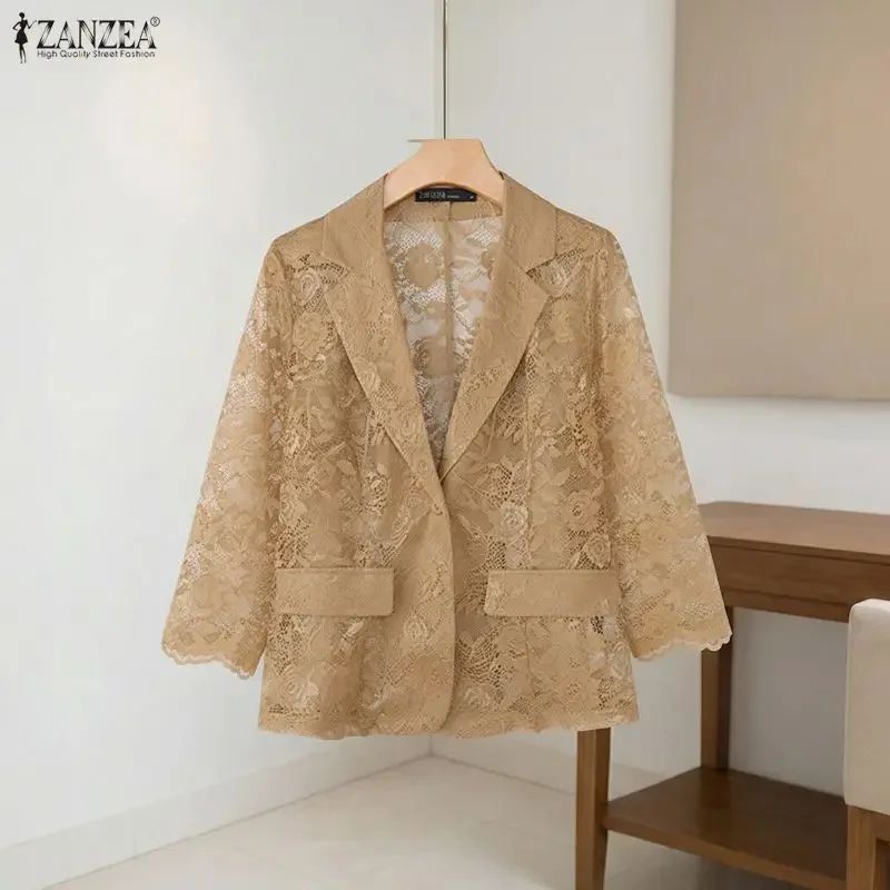 Fashion ZANZEA Lace Blazer Summer Spring 3/4 Sleeve Women Blazer OL Work Tops See-through Blazer Oversize Party Suits