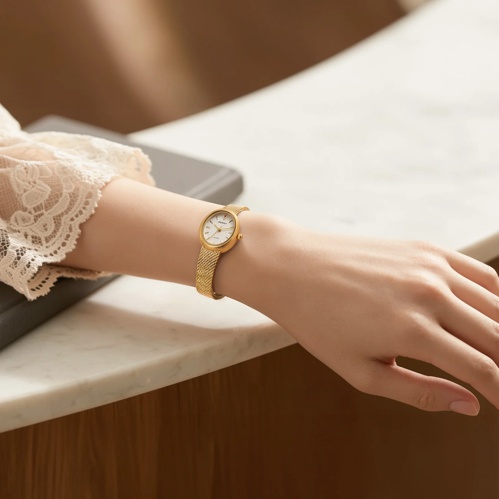 BERNY Women's Watches Fashion Luxury Ladies Golden Quartz Wristwatch Full Stainless Steel Oval Case Casual Dress Wristwatch