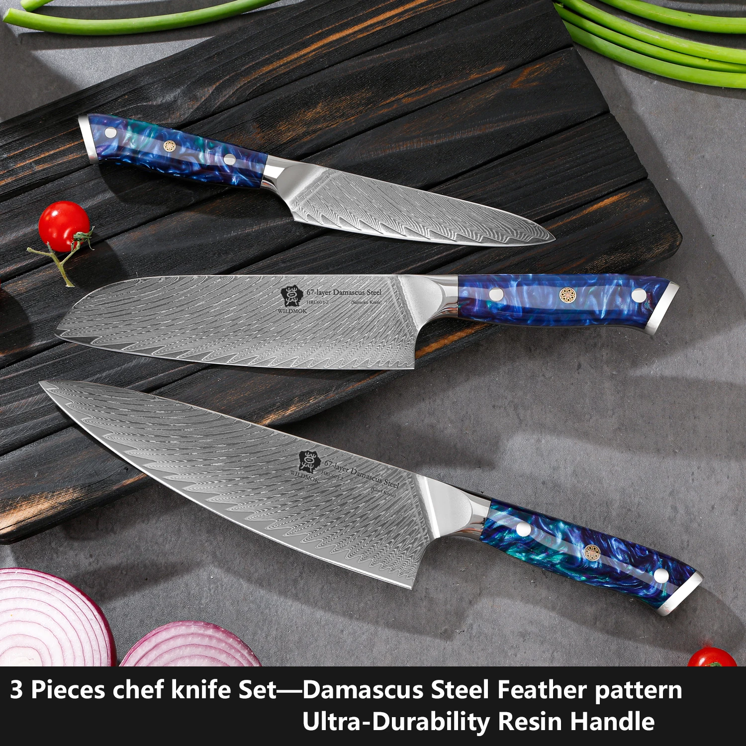 WILDMOK 67 Layer Japanese VG10 Damascus Steel 3 PCS Kitchen Knife Set Blue Resin Handle Professional Cooking Cutlery