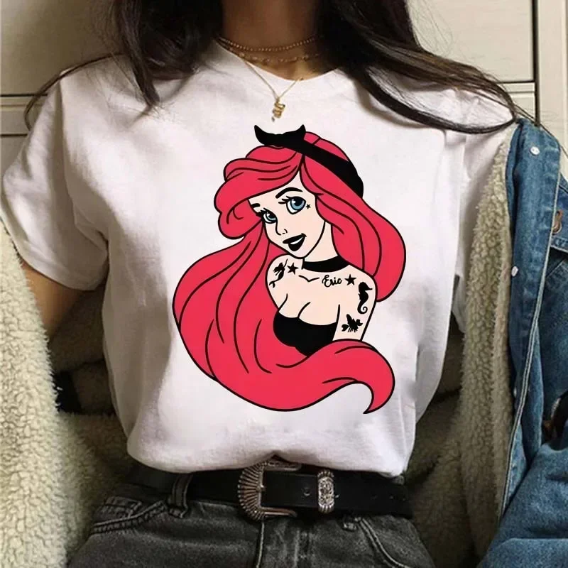 ديزني 2026 جديد ديزني الشرير الأميرة حورية البحر ارييل Kawaii طباعة المرأة تي شيرت سهل الموضة حجم كبير كم قصير #2