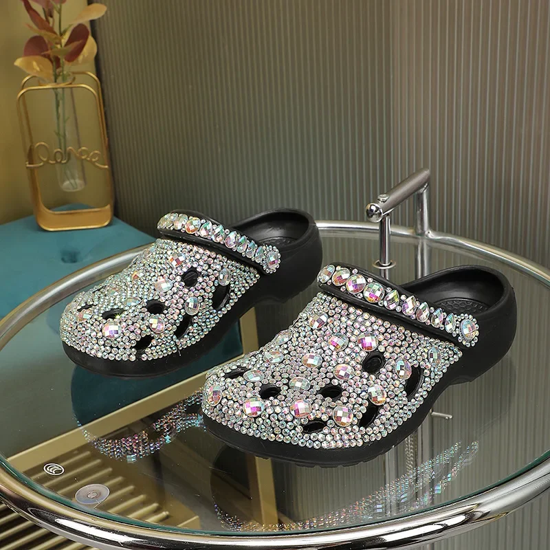 36-45 Size New Thick-soled Rhinestone Hole Shoes Handmade Diamond-encrusted Casual Sandals Outdoor Slippers Two Wear