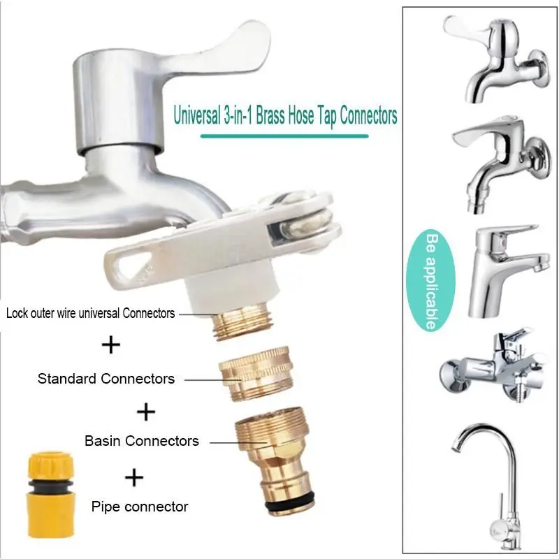 3-in-1 Brass Hose Tap Connector Set Universal Faucet Connector Washing Machine Faucet Water Gun Water Pipe Connection Accessory