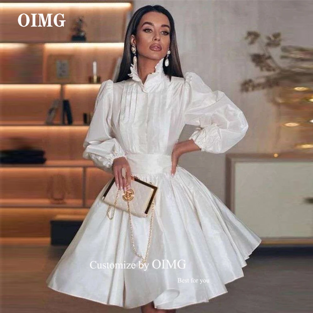 

OIMG Modest High Neck Short Prom Party Dresses Long Sleeves Satin Evening Gowns Saudi Arabic Dubai Women Formal Bride Dress