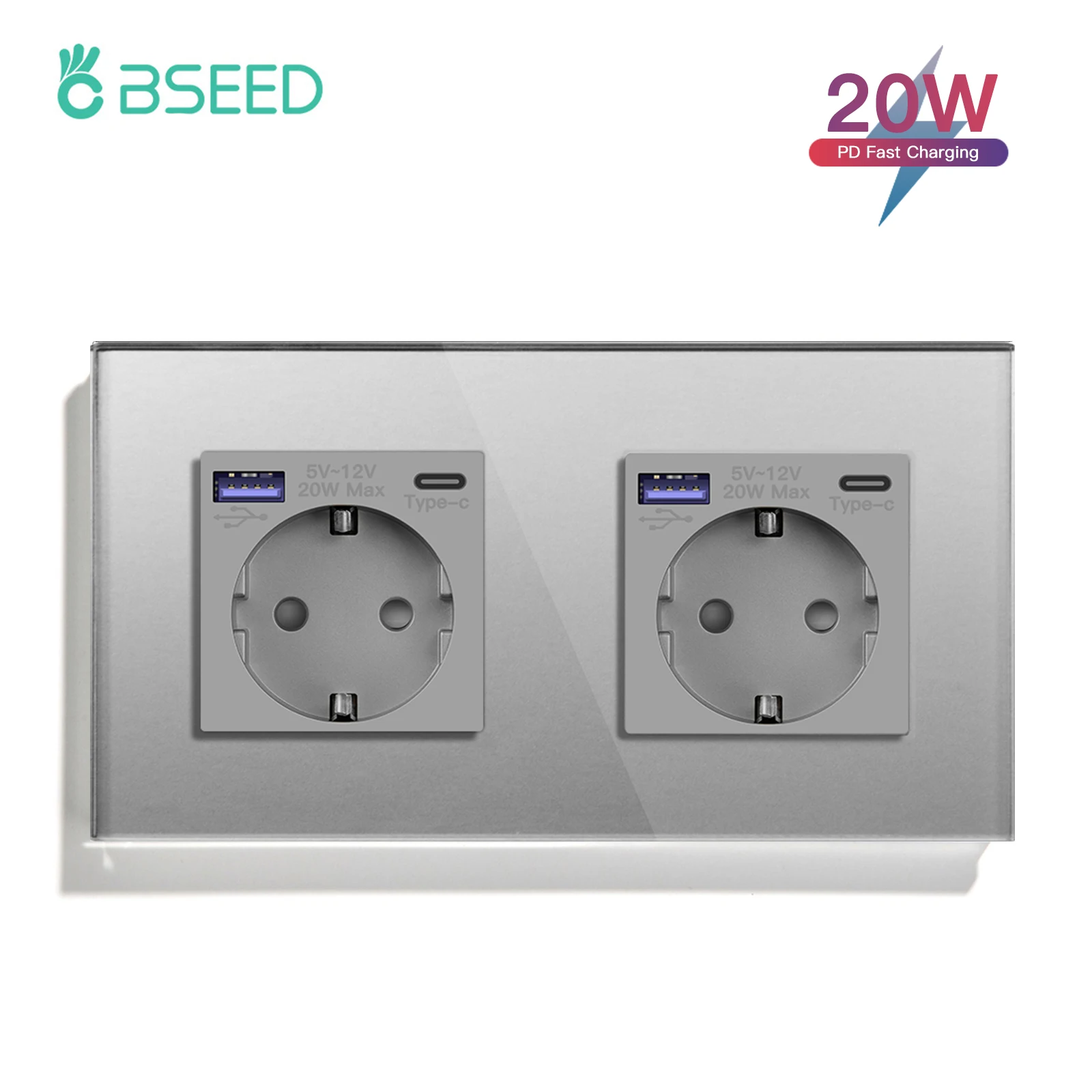 BSEED Touch Switch With Double Sockets Phone USB Fast Charger 20W Wall Light Switch 1/2/3Gang 1Way Glass Backlight Wall Sockets