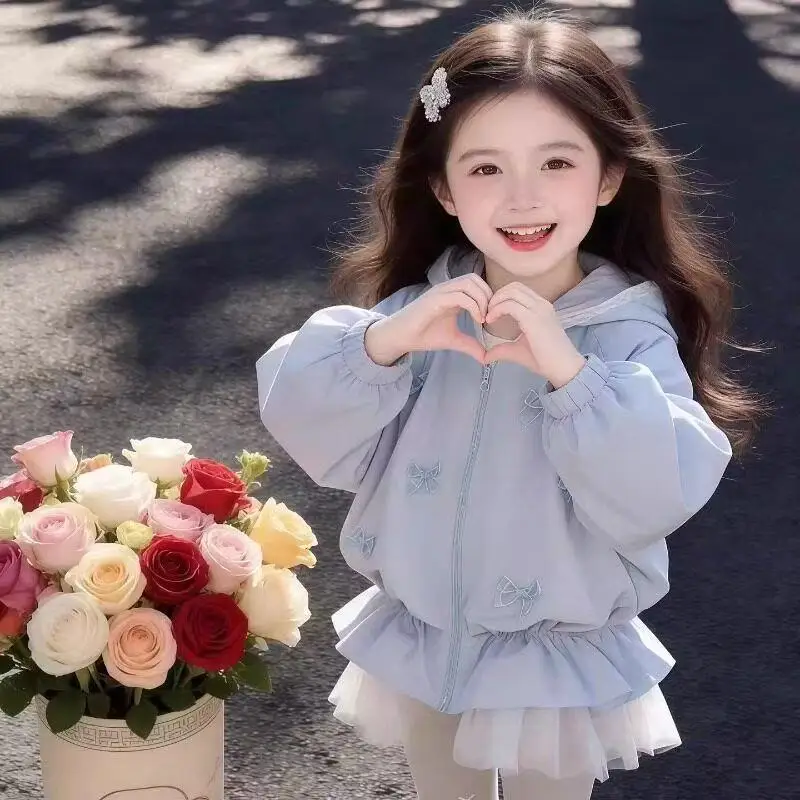 Girls Coat Jacket Spring and Autumn 2026 New Children's Solid Color Splice Lace Bow Jacket 3