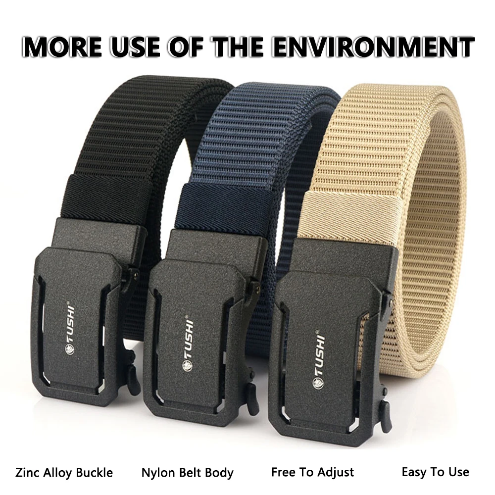 TUSHI Fashion Metal Automatic Buckle Webbing Belts For Men Thick Tough Canvas Tactical Belt Outdoor Jeans Pants Waistband Hiking