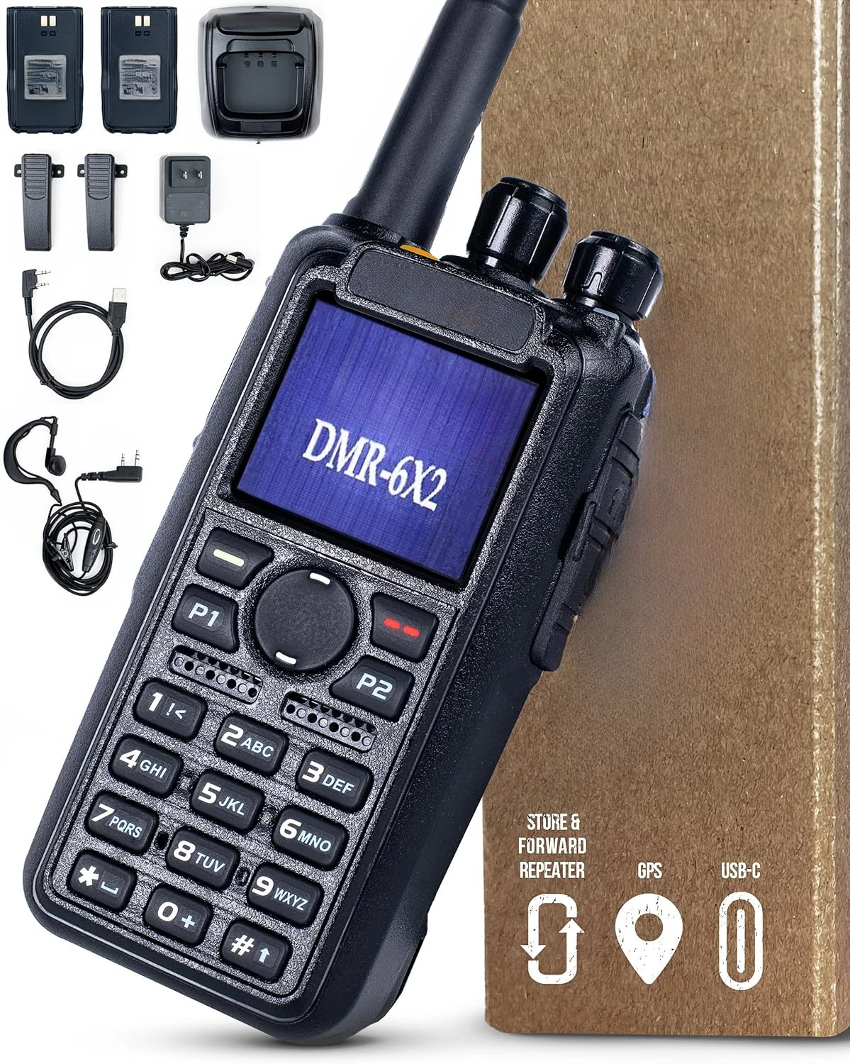 DMR-6X2 DMR & Analog Dual Band Two-Way Radio (USB-C Battery) – 7W VHF/UHF (136-174MHz & 400-480MHz), Encryption, GPS