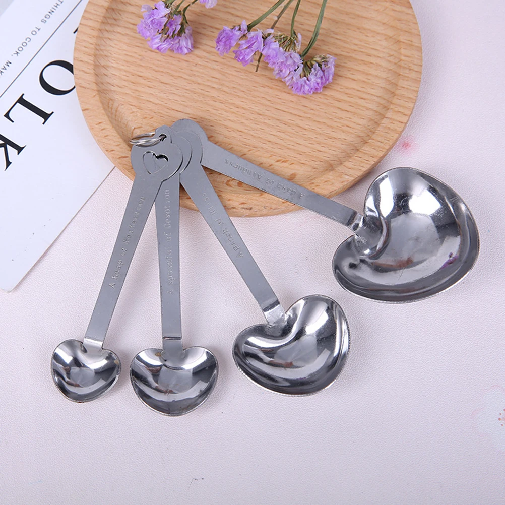 

4pcs Stainless Steel Measuring Spoons Set Heart Shape Stackable Anti-Corrosion Kitchen Baking Powder Coffee Spoons Ring Hook