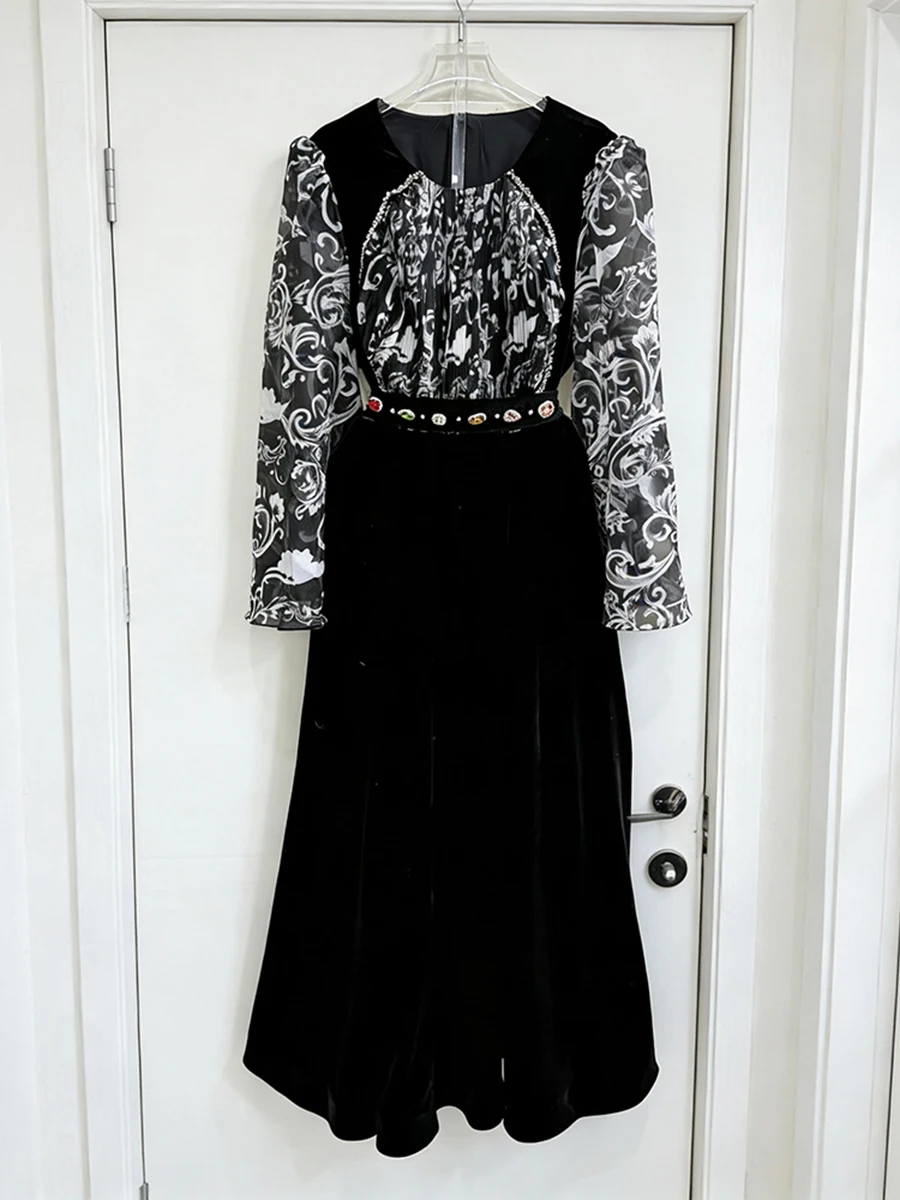 VGH ريترو فاخر المرقعة حزام معدني فستان مخملي للنساء س الرقبة طويلة الأكمام تقسم طباعة بقماش شفاف فساتين متوسطة الطول الإناث #5