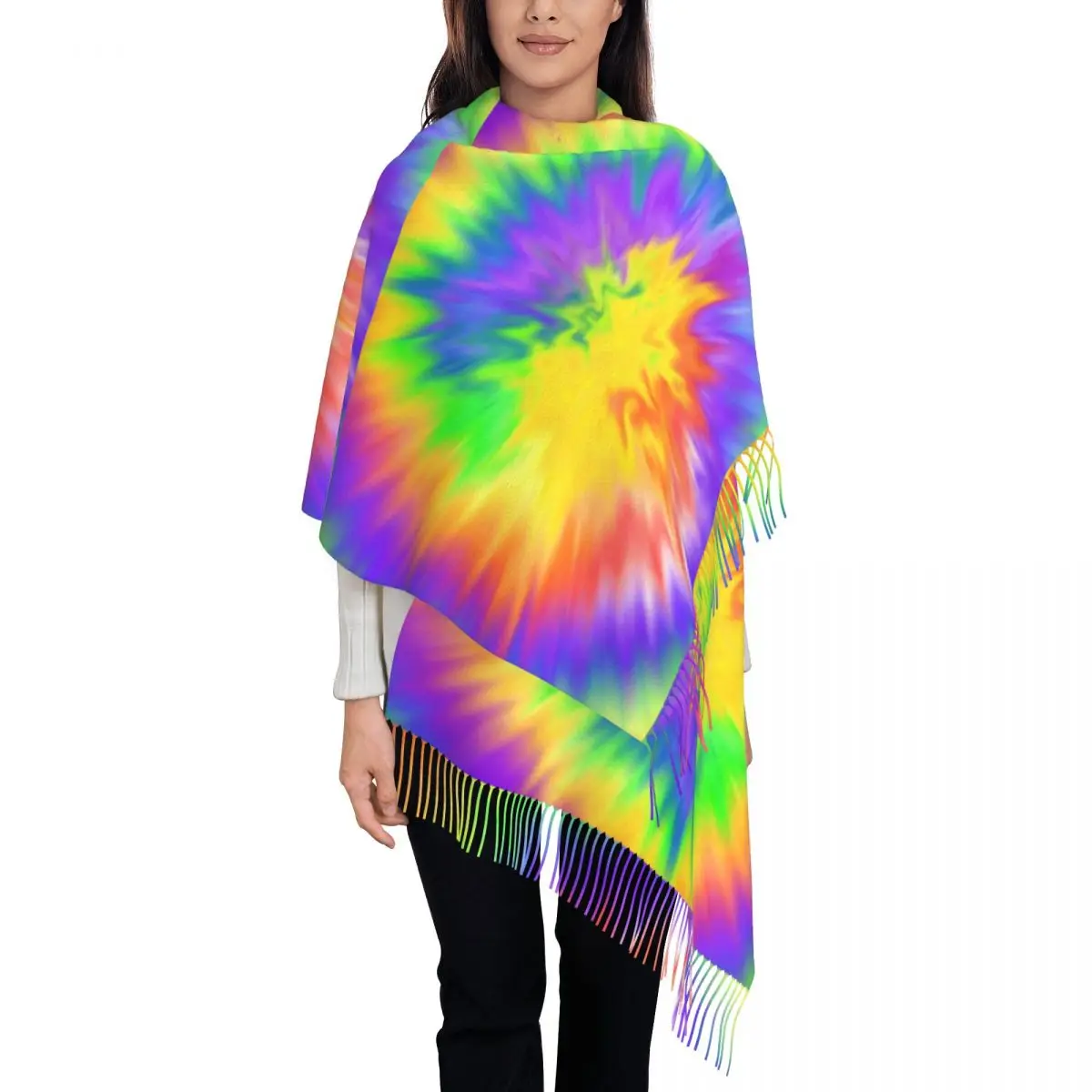 Womens Scarf Keep Warm Colorful Tie Dye Headwear Scarves with Long Tassel Rainbow Print Popular Shawl Wrap Winter Custom Bandana