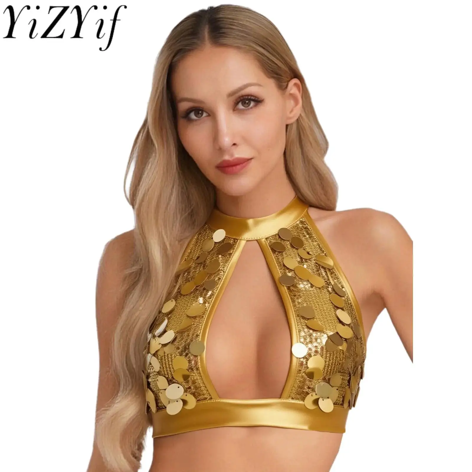 

Женский сексуальный блестящий топ-халтер с пайетками, без рукавов, с вырезами, для джаза, рейва, дискотеки, танцев, жилет-топ