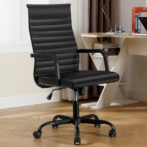 Office Chair, Ergonomic Executive Conference Room Chairs, Ribbed Leather Desk Chair with Lumbar Support, Adjustable