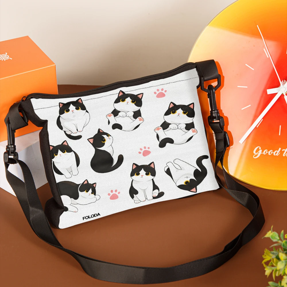 1pc Cat Pattern Crossbody Bag White Black And White Cats Paw Prints And Text Shoulder Bags For Women Girls School Work Travel Da