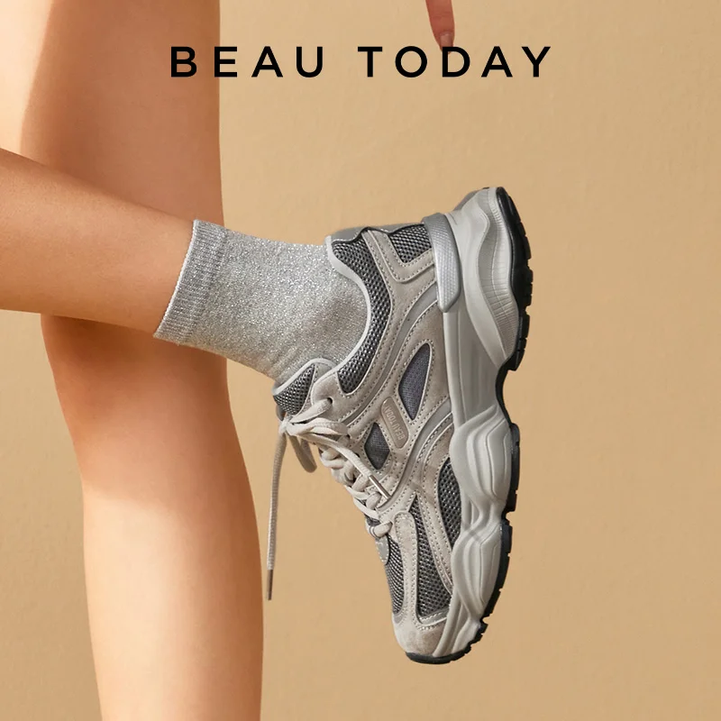 BEAUTODAY Grube Sneakersy Damskie Siateczkowe Mieszane Okrągły Nosek Sznurowane Gruba Podeszwa Nowe Oddychające Damskie Buty Sportowe Ręcznie Robione HW29A14 — zdjęcie 4