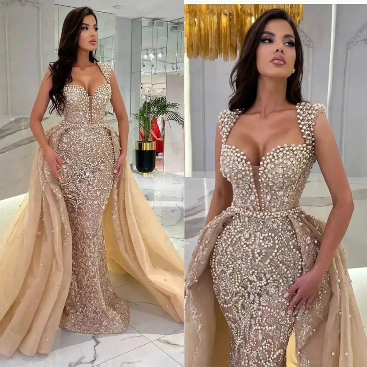 Champagne Prom Gowns Big Pearls Beaded Crystal Birthday Evening Dresses Dress Hand Made Celebrity Robe De Bal