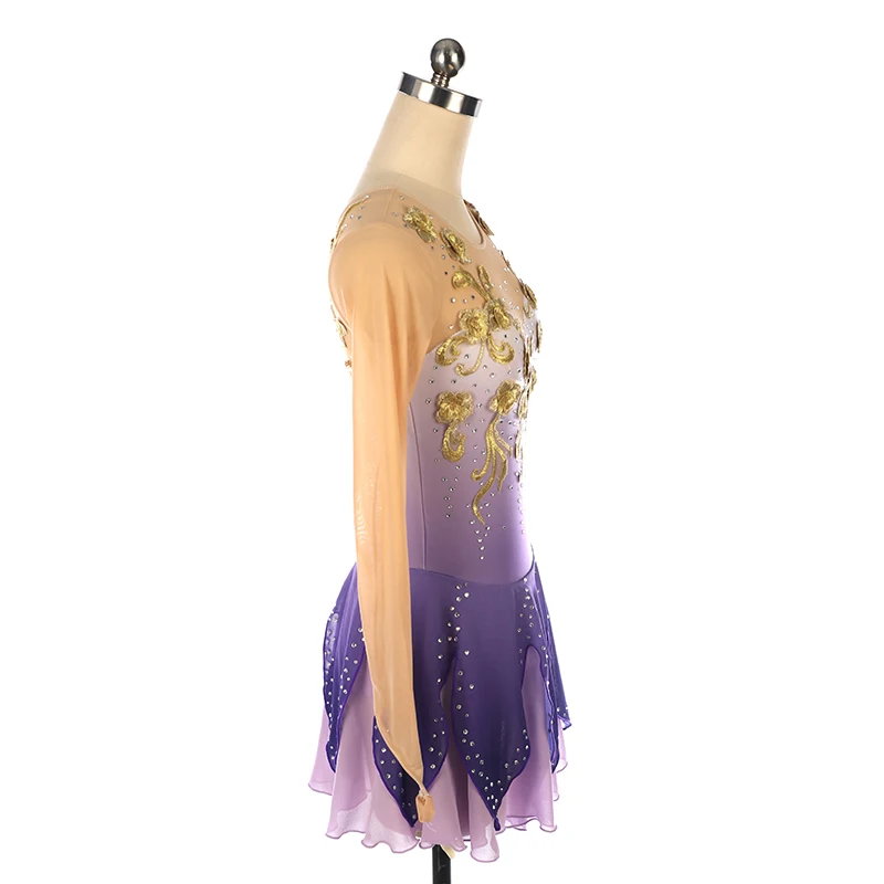 Figure skating performance outfit, skating outfit, competition dress, purple gradient gold floral long sleeved shirt view 4
