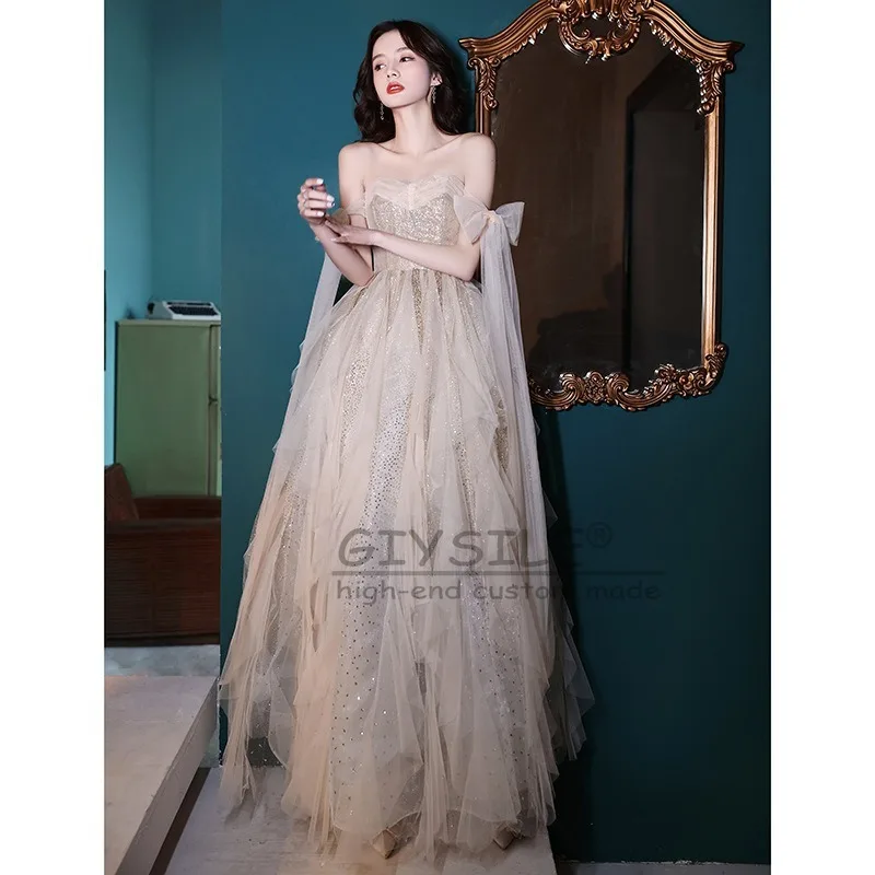 GIYSILE Customized Evening Dress Tube Top Bow Fashion Strap Back Pleated Skirt Banquet Temperament Long Champagne Party Dresses