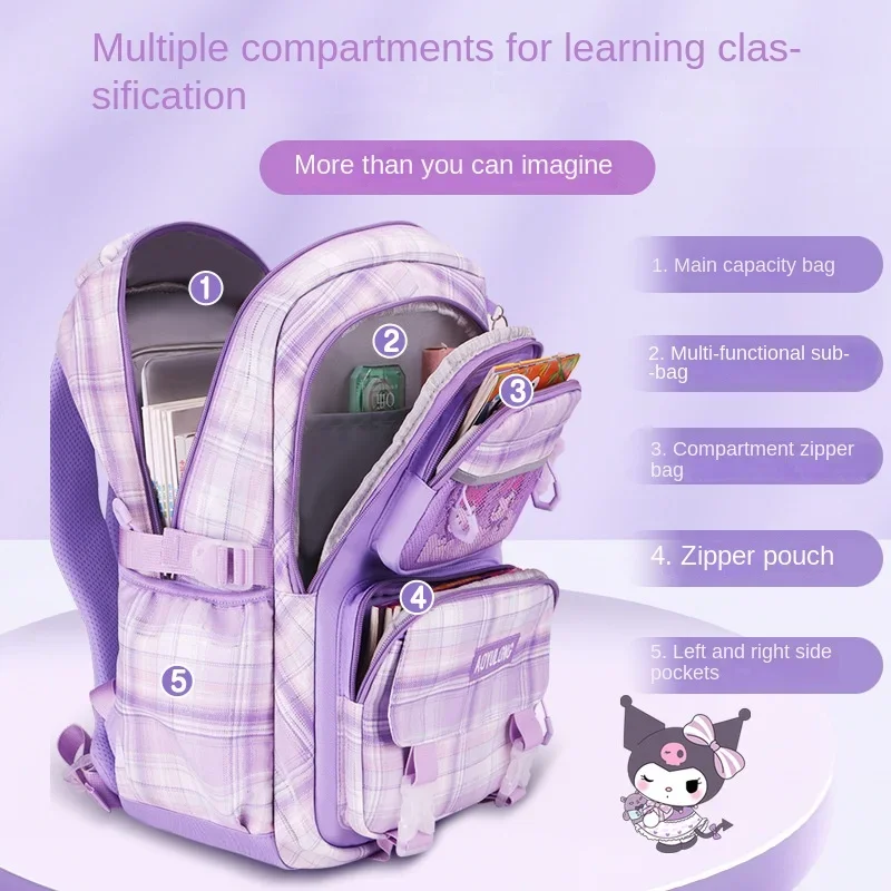 Sanrio Kulomi lindo bolso escolar divertido para niños Yugui perro simple a cuadros dulce impresión mochila de gran capacidad