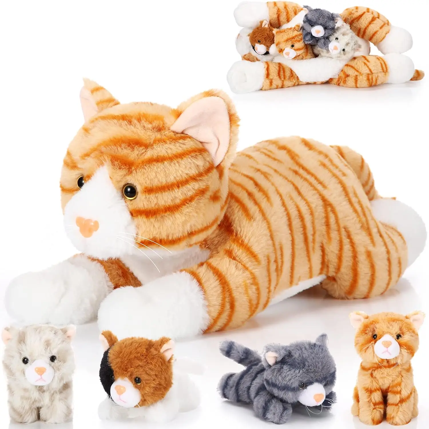 

Pregnant Cat Plush Toy with 4 Kittens Inside, Orange Stuffed Animal for Christmas Birthday Gifts