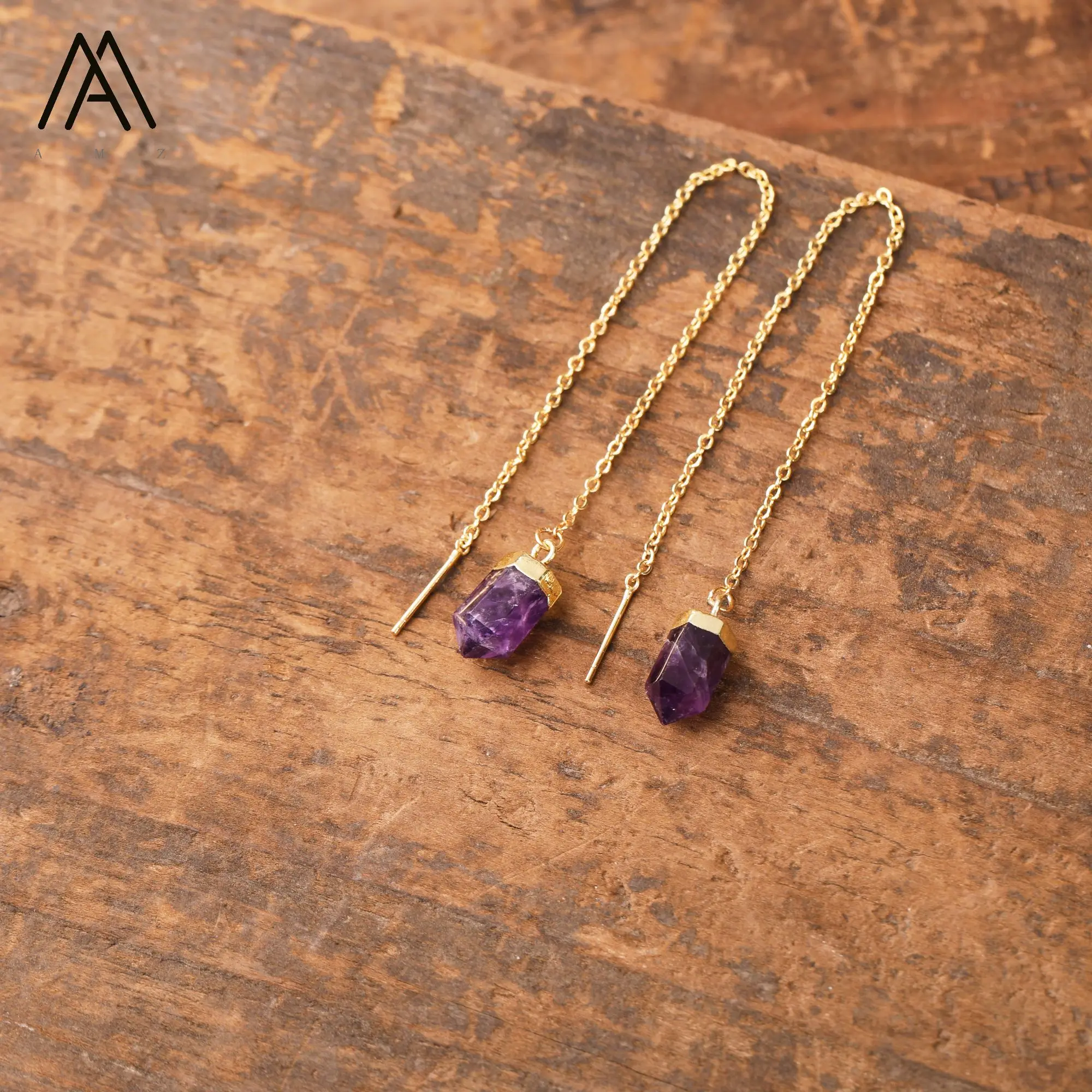 Minimalist Earrings Natural Stone Amazonite Amethyst Healing Crystal Point Quartz Wire Earring Romantic Jewelry