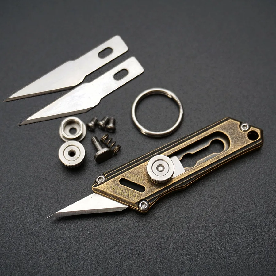 NEW Mini Brass Push Knife Portable Keycahin Pocket Knife Outdoor Self Defense EDC Tool Portable Open Box Express Replace Blades