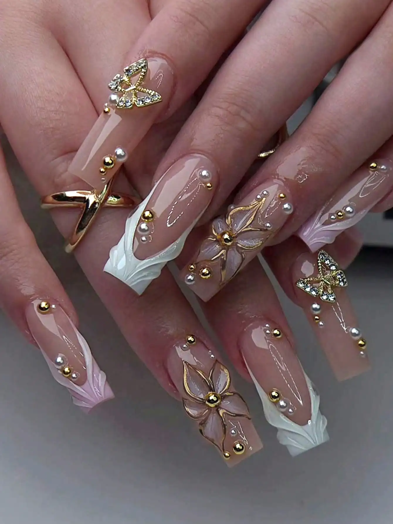 

24pcs Long Square 3D Gel Nail Stickers With Pearl Decor, Pressure-Sensitive, Floral & French Manicure Designs, Perfect Fit For Fingertips. Set Includes: 1pc Jelly Gel And 1pc Nail File. Shiny Nail Stickers For Summer, Suitable For Women's Daily Work And P
