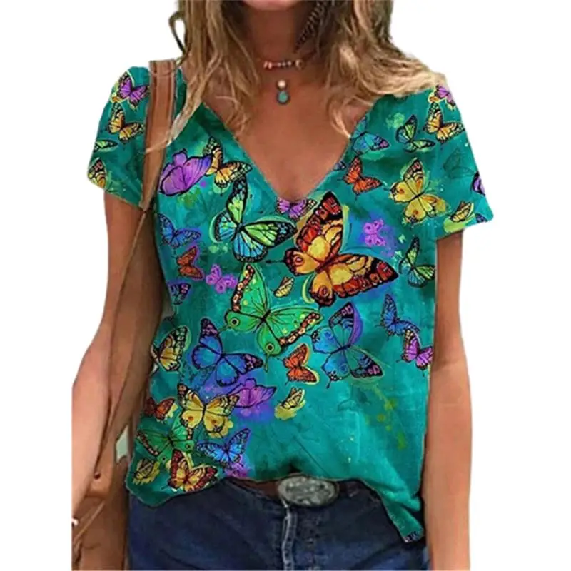 Fashion Butterfly 3D Print T Shirt Ladies T-Shirts V-Neck Oversized Tees Women Tops Summer Streetwear Harajuku Y2k Clothes