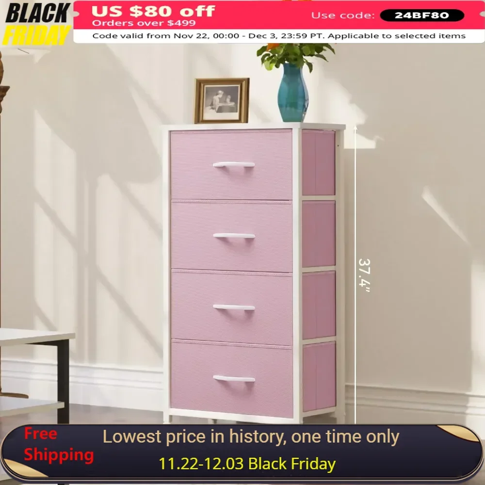 

Dresser with 4 Storage Tower Unit,Fabric Dresser for Bedroom, Closets Sturdy Wooden Top Pull Fabric Bins,Pink Vanity Desk