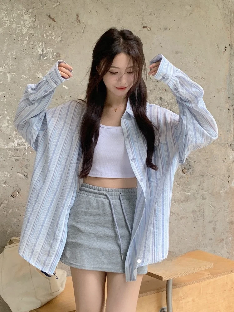 

Защита от солнца в синюю полоску, тонкий зимний свободный ленивый длинный свек, открытый кардиган, верхняя одежда, женский модный верхний воротник