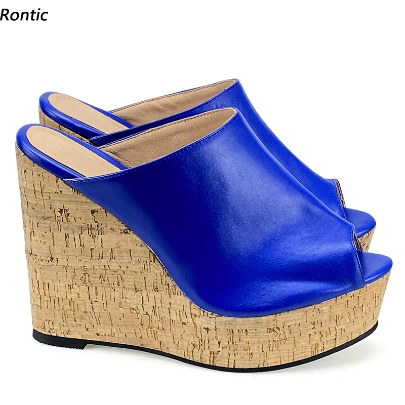 

Rontic/Новые модные женские сандалии на платформе-мюли унисекс из искусственной кожи на танкетке с открытым носком, синие, черные туфли для вечеринок, размер 34, 45, 47 52