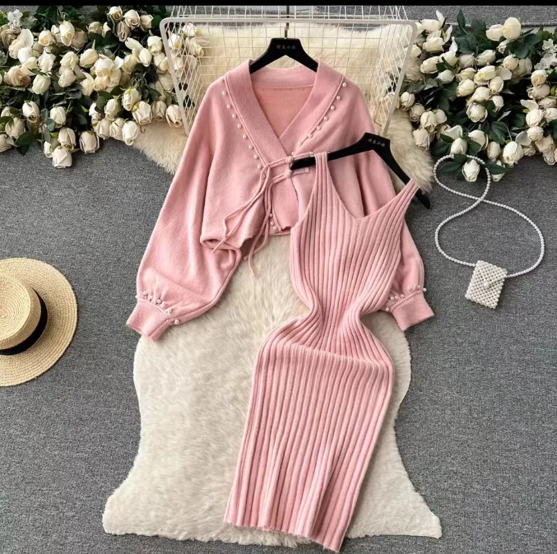 New High End Autumn Winter Fashion Dress Sets Women Knitted Vintage Casual Loose Shawl Coat + Sexy Sling Dresses Christmas Suit