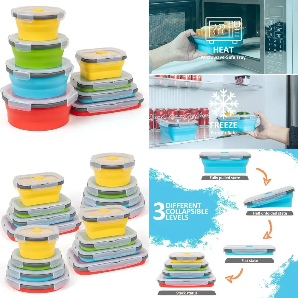 

Набор из 16 складных силиконовых контейнеров для хранения пищевых продуктов с крышками и вентиляционными отверстиями, 8 прямоугольных и 8 круглых, без BPA, экономит место